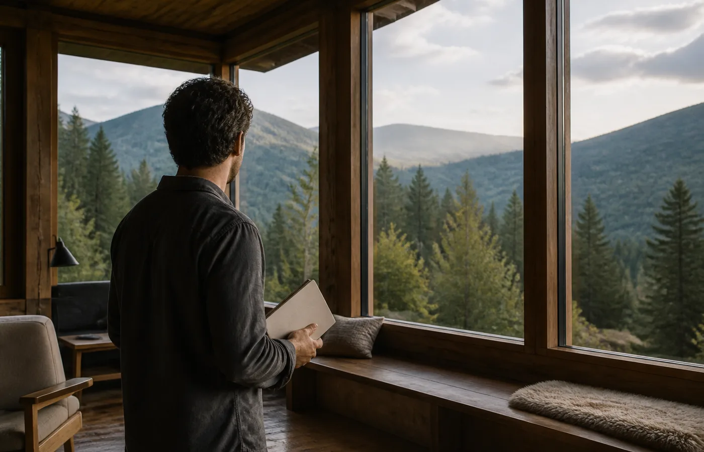 A traveller comparing a mountain view and the interior of a timber cabin