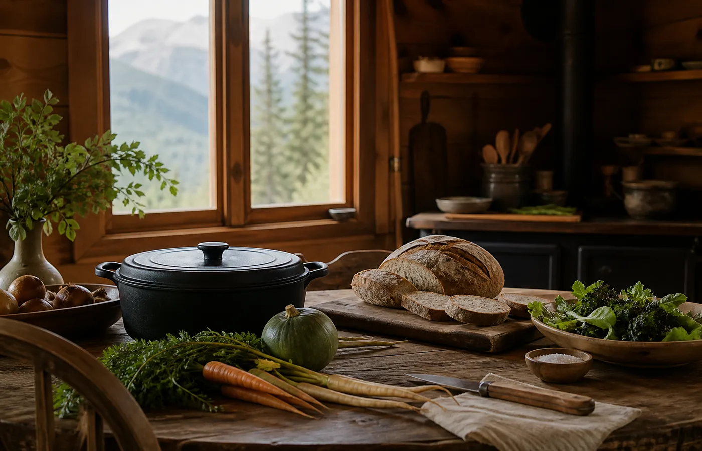 Seasonal vegetables, bread and a cast iron pot in a mountain kitchen