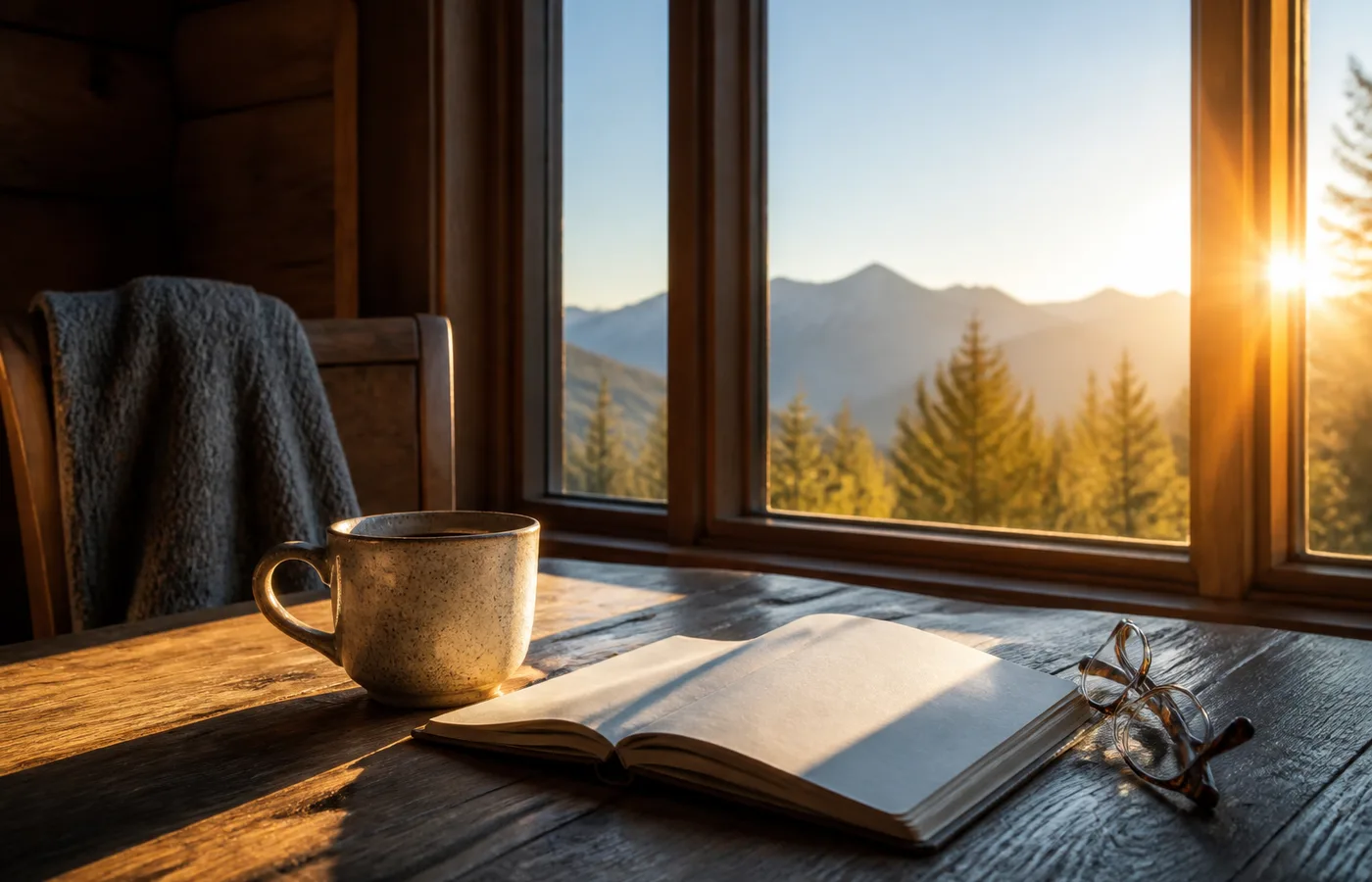 Morning sun crossing a cabin table with a cup and an open notebook