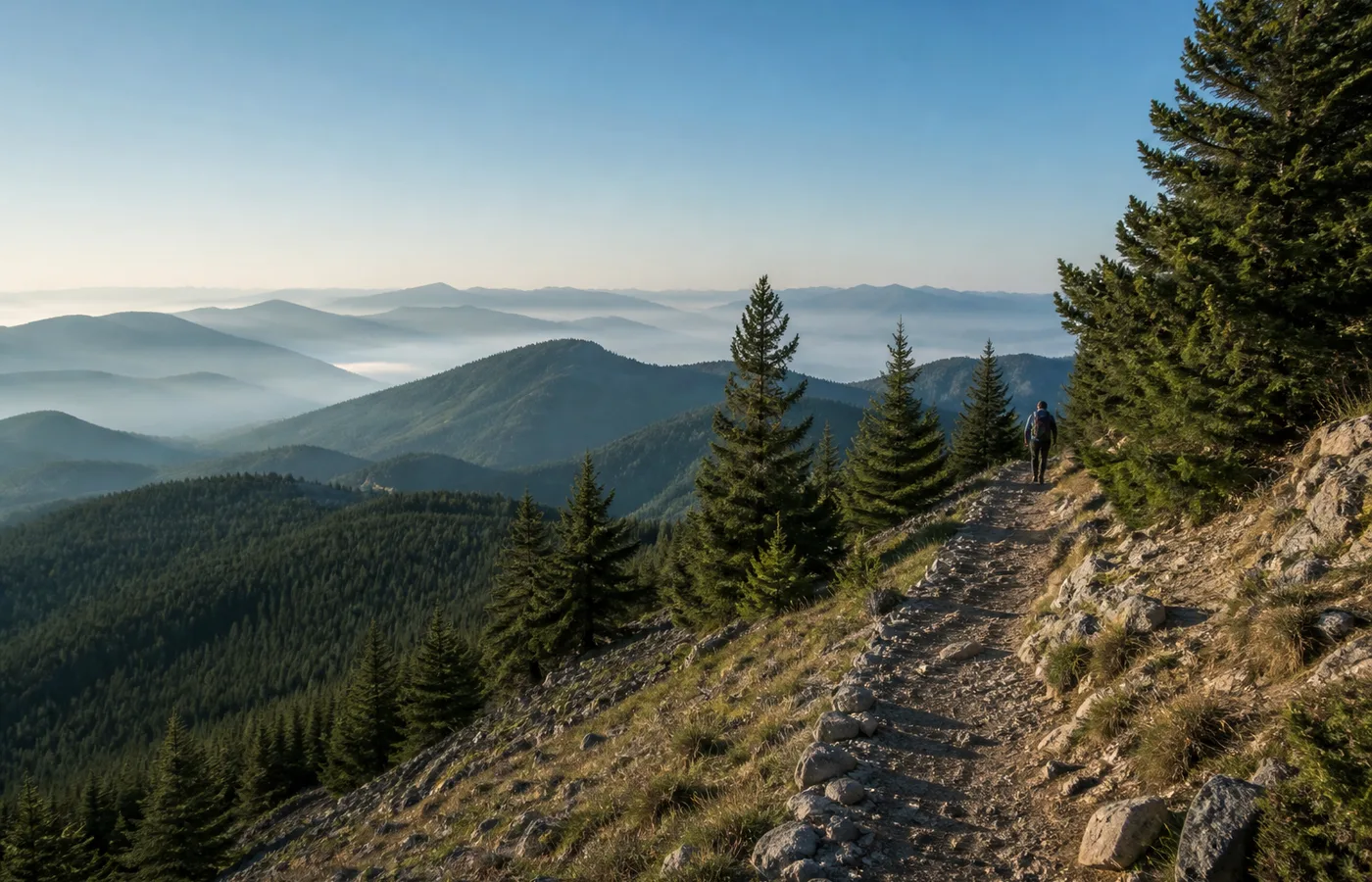 A hiker following a high pine trail above layered mountain ridges
