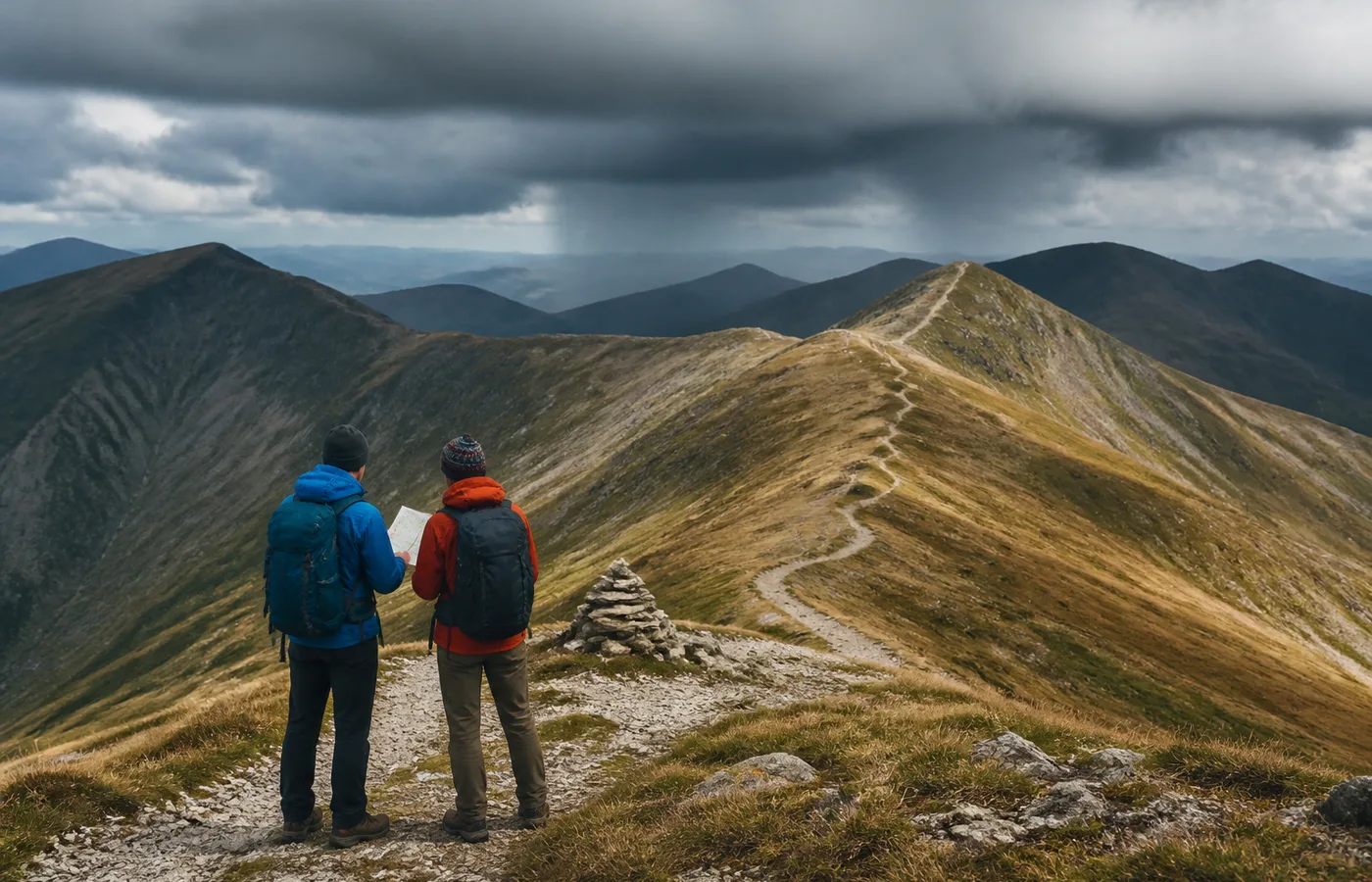 Two hikers reviewing a map at a ridge junction under changing cloud