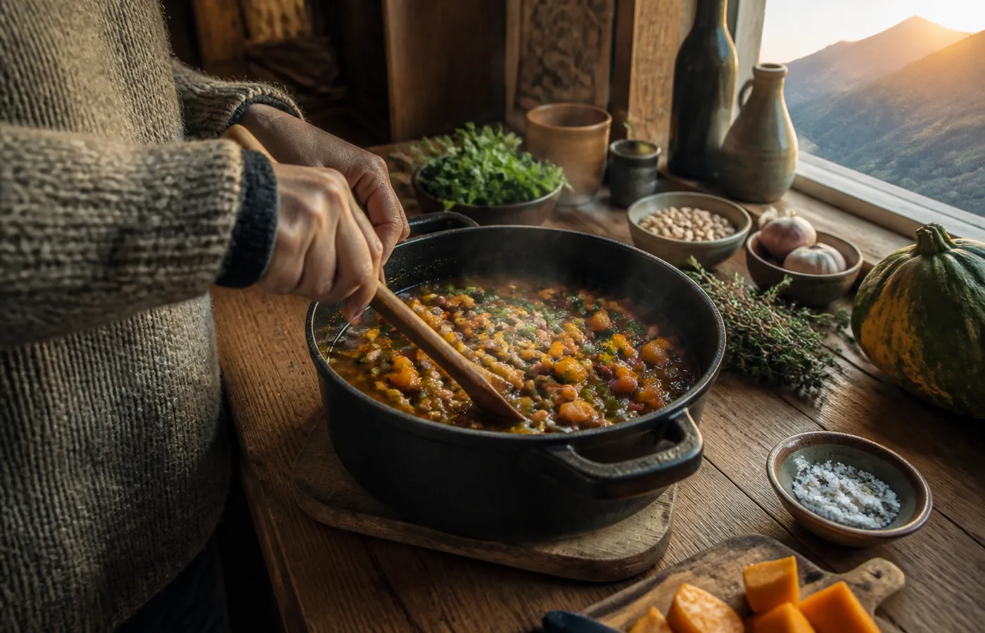 Hands stirring a one-pot meal with squash, beans and herbs in a cabin kitchen