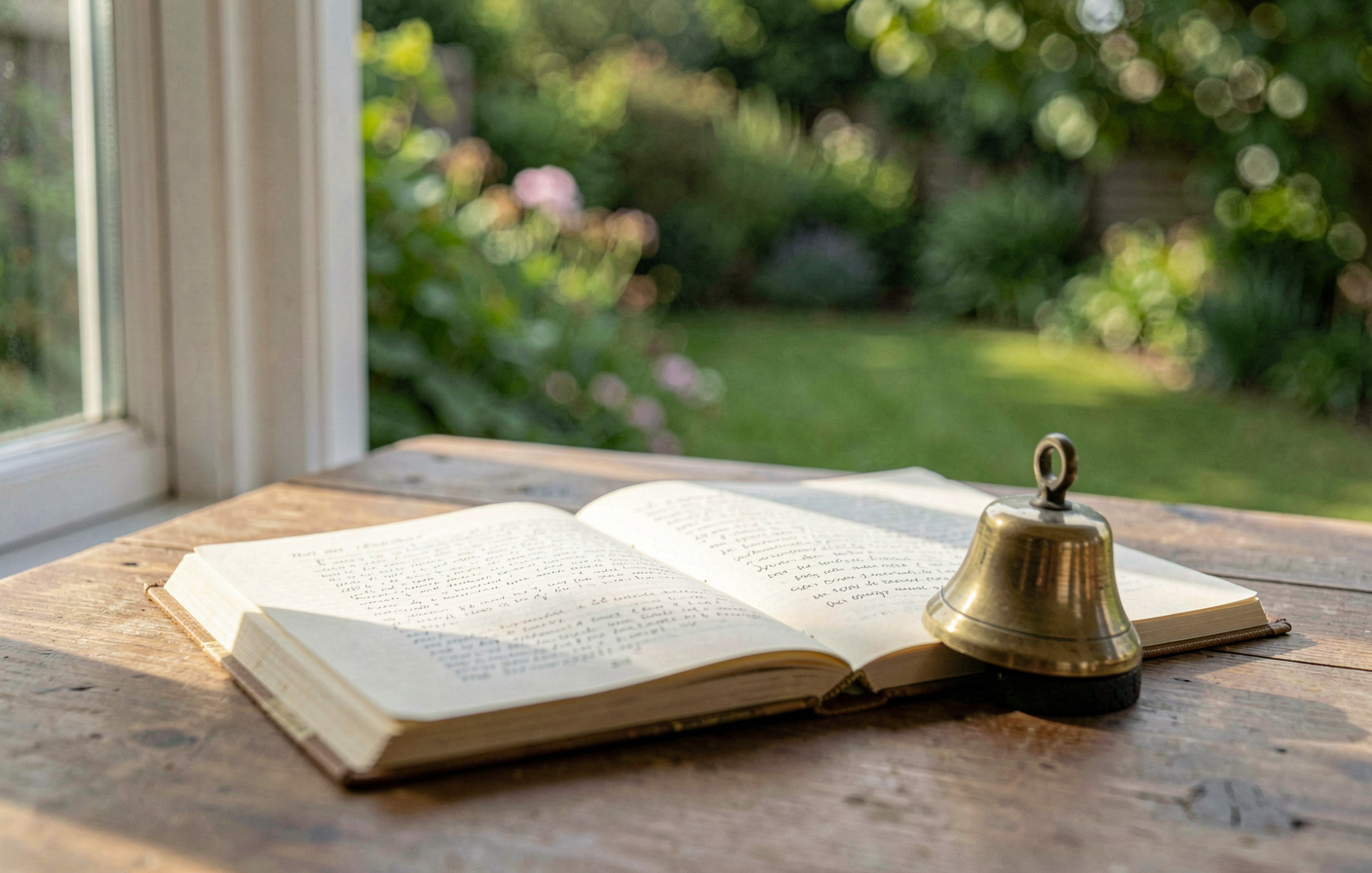 A single open notebook and a small brass bell on a wooden table beside a window, with soft morning light falling across the page and a green garden blurred in the background.