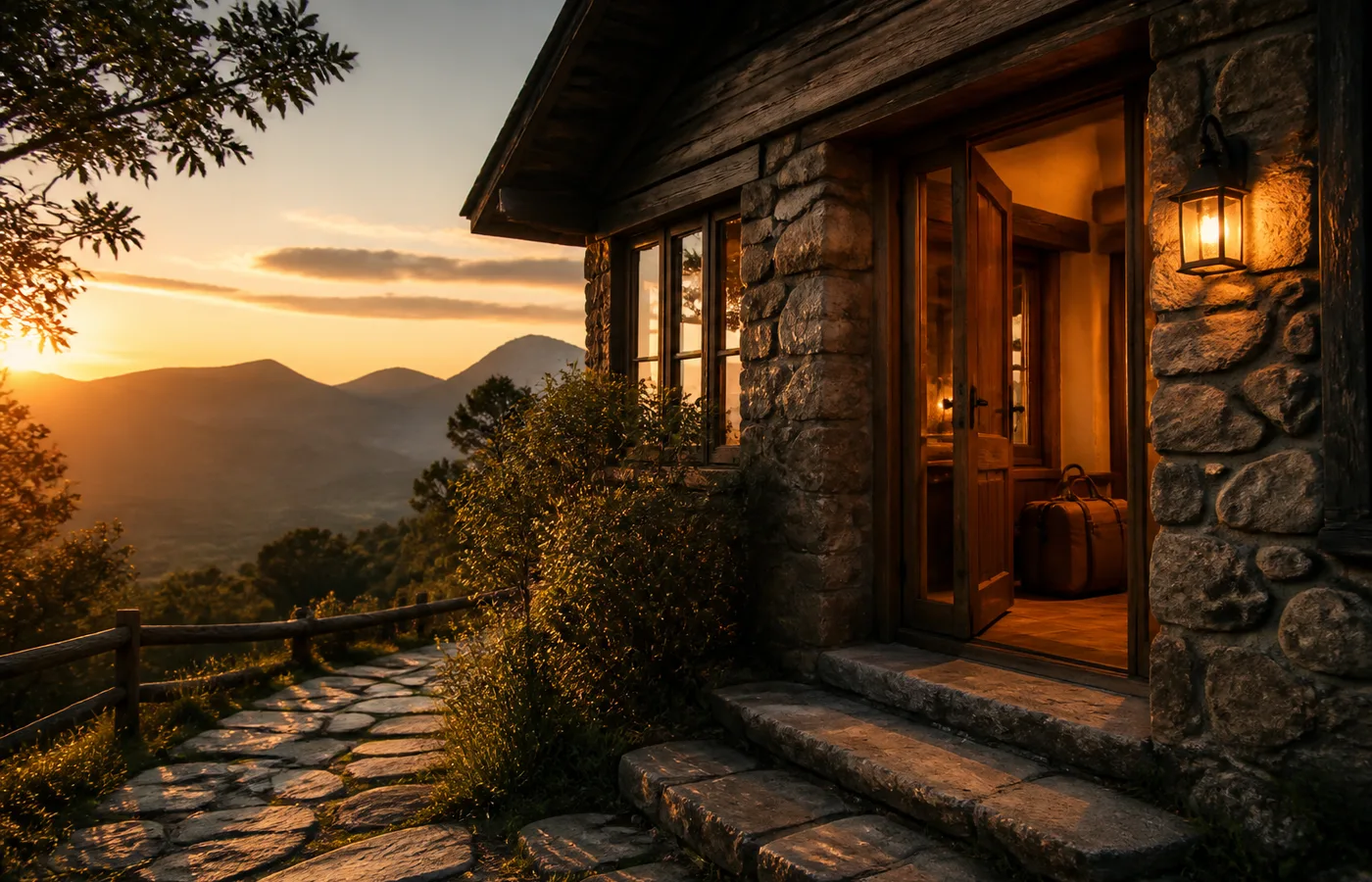 A timber mountain cabin glowing beside a stone path at sunset