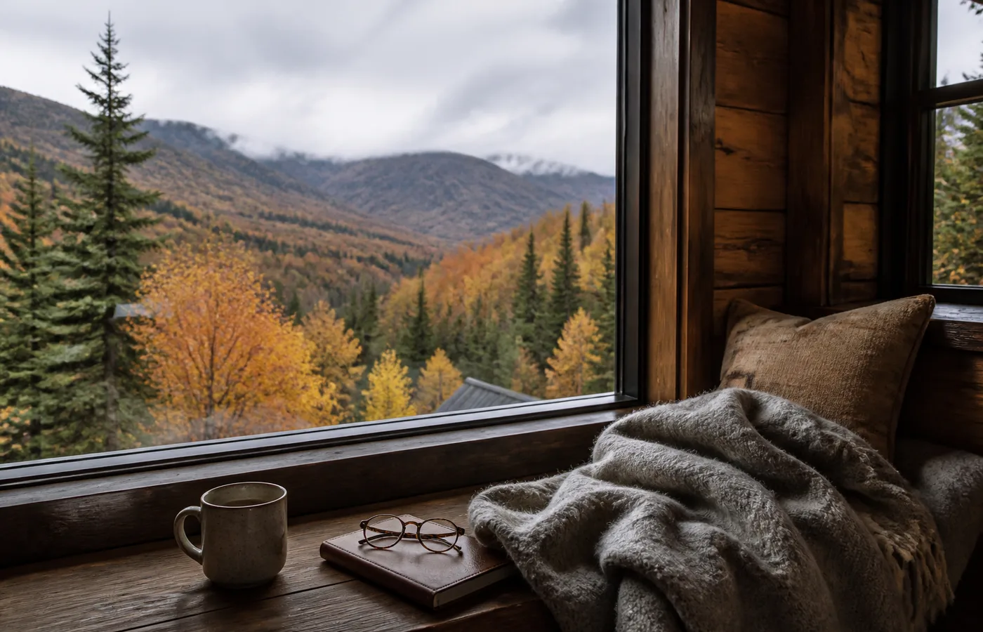 A wool blanket and tea beside a cabin window overlooking autumn forest